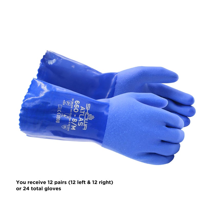 SHOWA Atlas 660 Triple-Dipped PVC Coated Chemical Resistant Safety Glove with Cotton Liner, 12" Length, Large (12 Pair) - Image 3